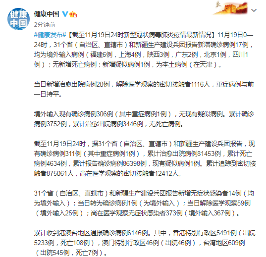 31省区市新增11例境外输入病例(31省区市新增境外输入8例)