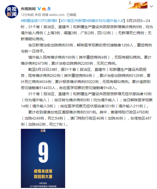 31省区市新增12例确诊均为境外输入(31省区市新增确诊9例均为境外输入)