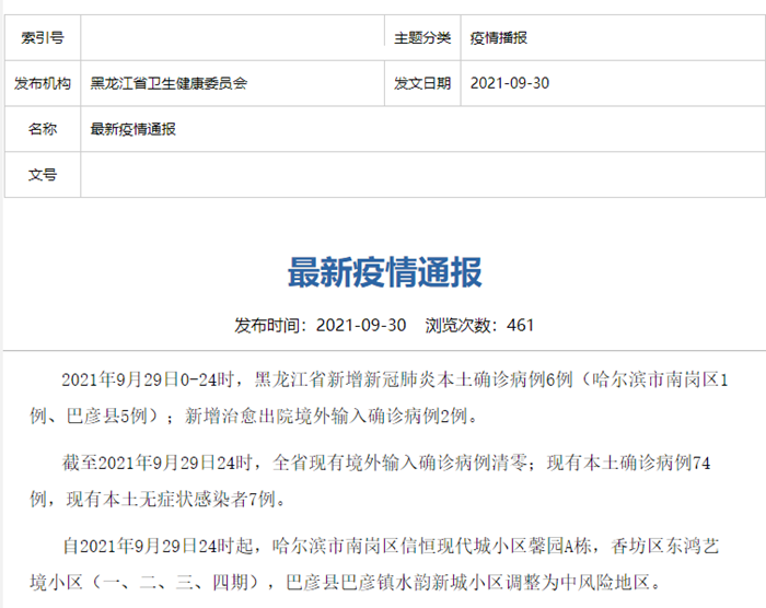 黑龙江新增确诊15例/黑龙江新增确诊病例29例