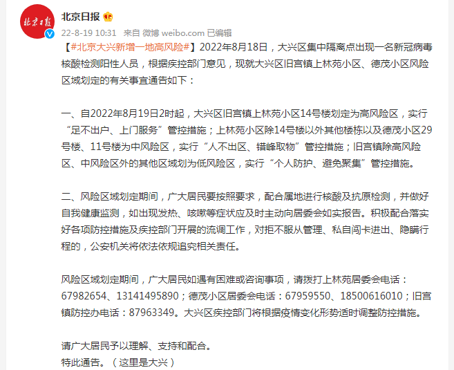 北京大兴一地调为高风险/北京大兴一地调为高风 险