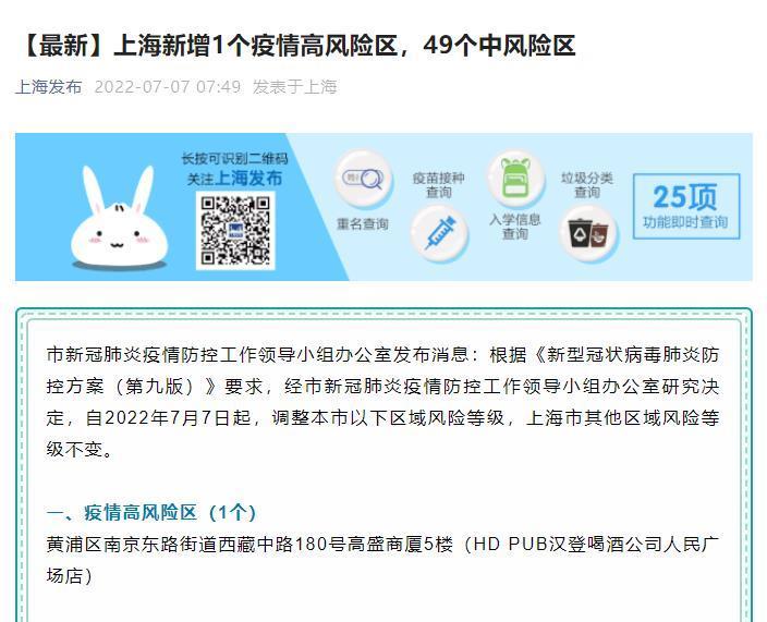 上海新增1中风险地区/上海新增一个中风险