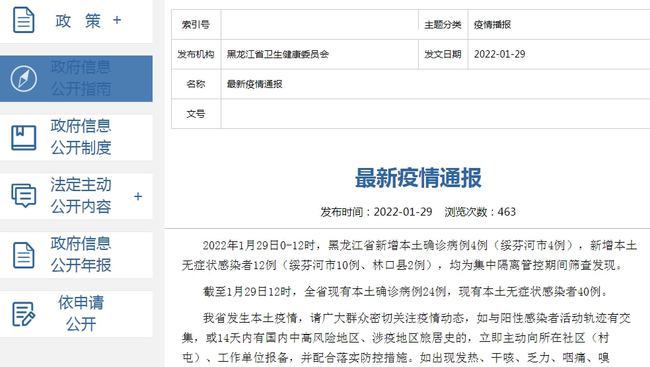 黑龙江新增4例本土确诊12例无症状/黑龙江新增5例本地确诊 1例无症状