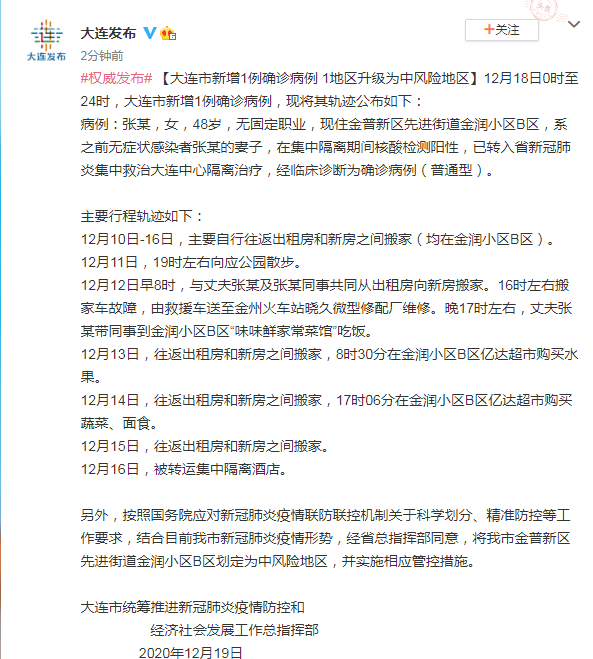 大连确诊/大连确诊病例行程轨迹公布