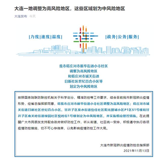 大连一地调为高风险/大连升级为高风险地区
