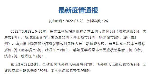 【黑龙江新增本土无症状13例,黑龙江新增确诊病例5例无症状感染者3例】