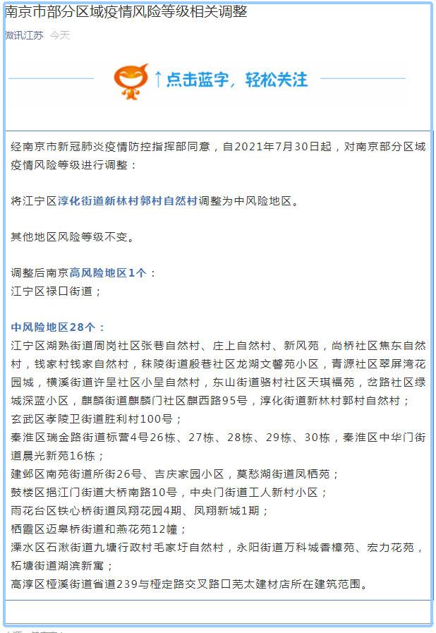 南京有4个高风险区25个中风险区/南京几个高风险地区