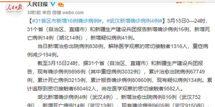 31省区市新增17例确诊(31省区市新增确诊16例一一)